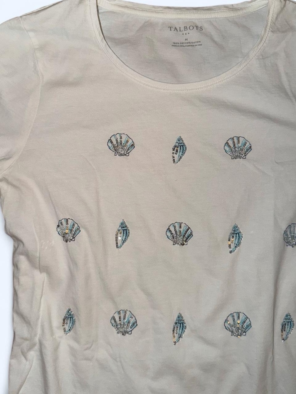 Talbots White Tee with Blue & Gold Shell Embroidery